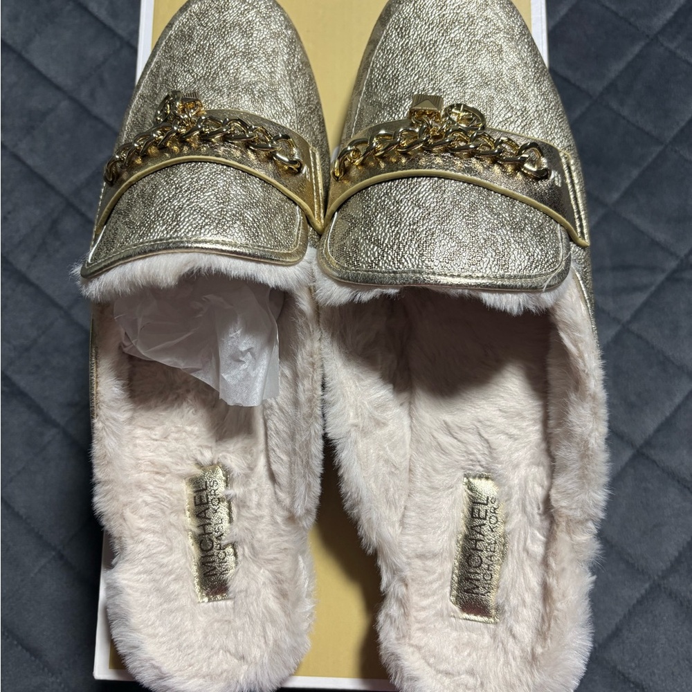 MICHAEL Michael Kors Metallic Gold Faux-Fur Chain-Accent Mules